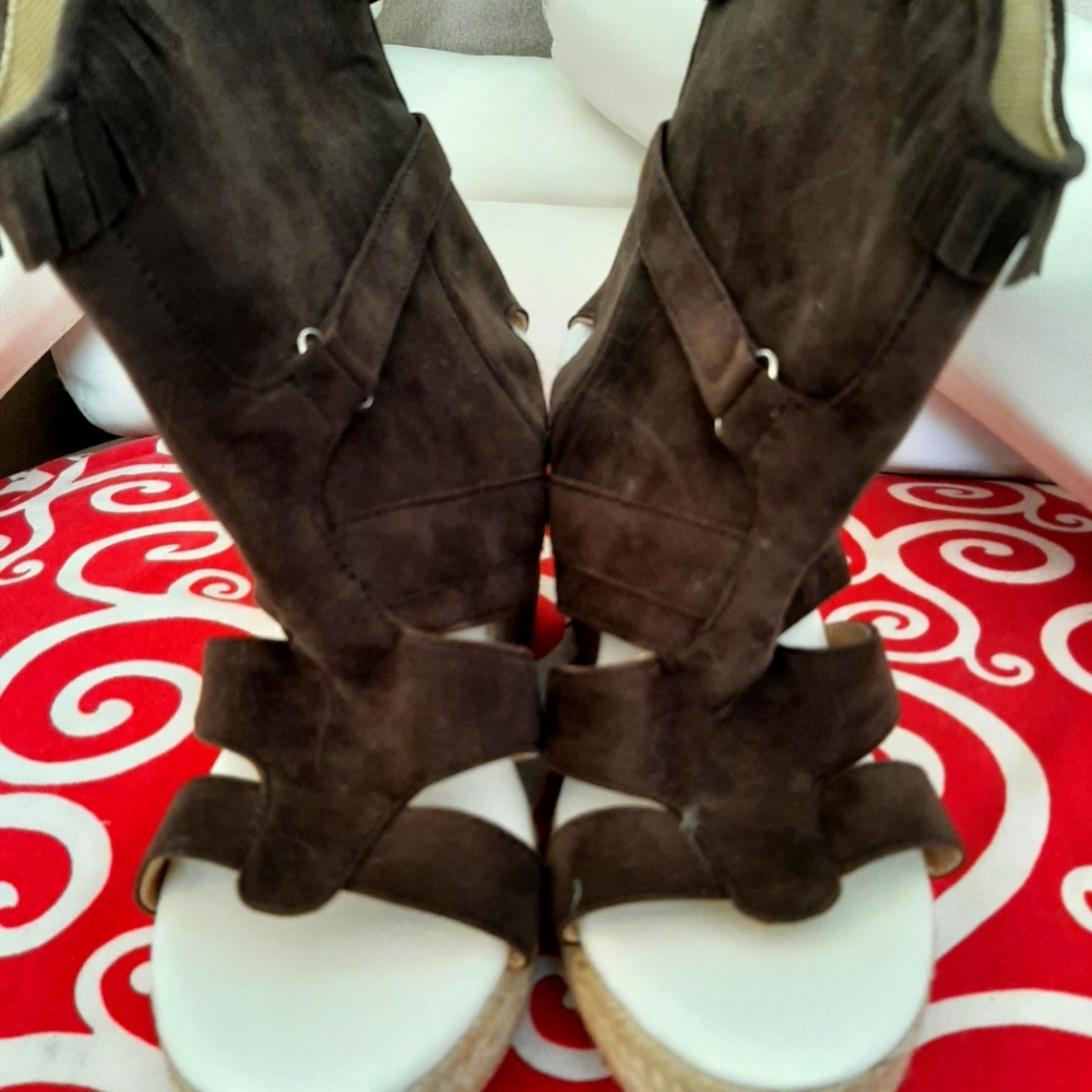 Western Style Brown Wedge Booties w/ Peek-a-Boo Toe and Heel, Size 5.5